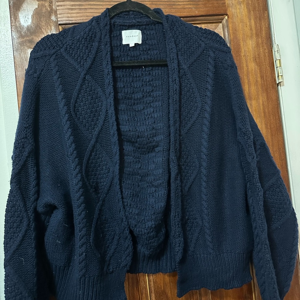 sundays Navy Cable Knit Open-Front Cardigan